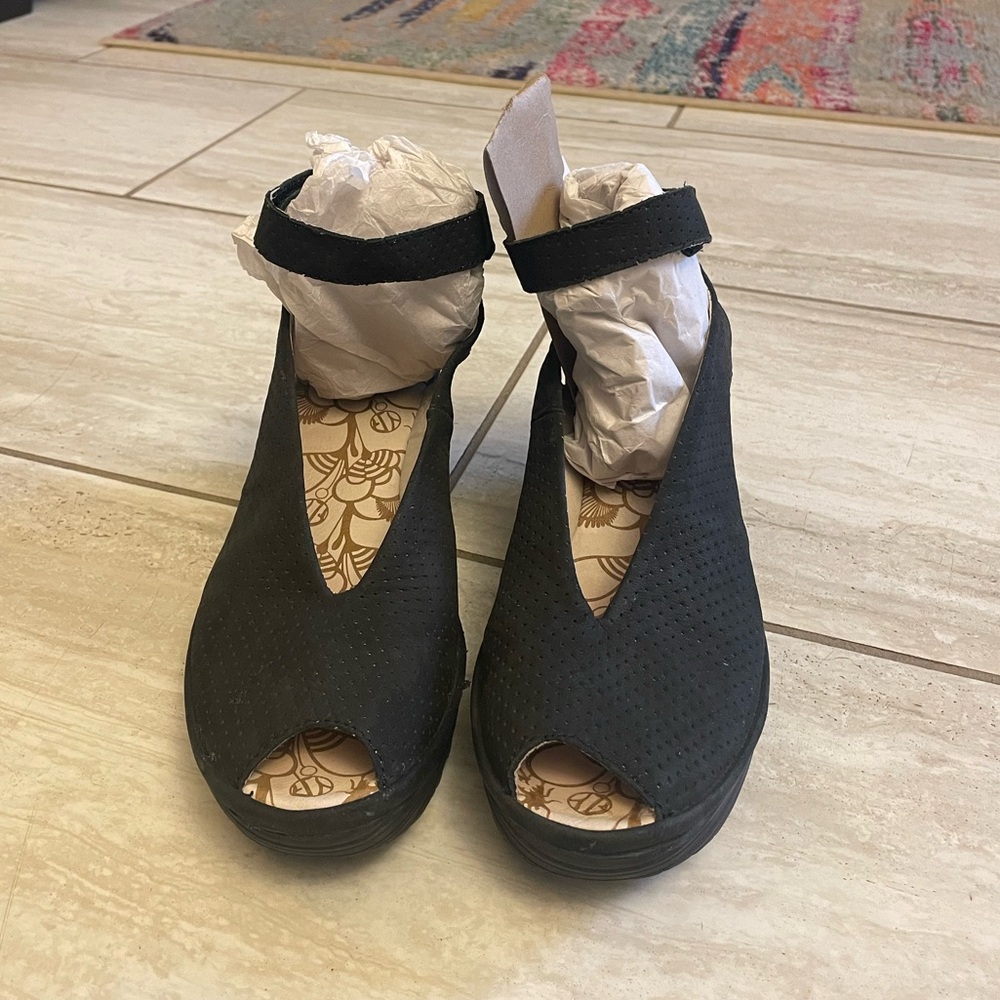 Fly London Black Peep-Toe Wedges